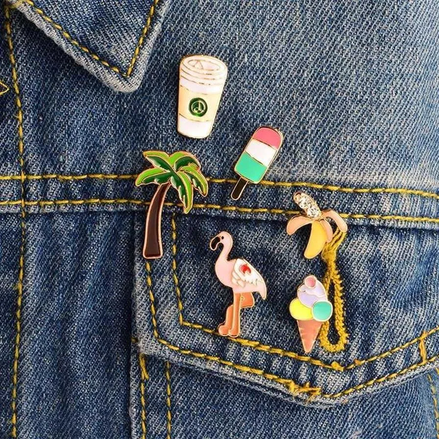 6PCS SET Banana Lolly Flamingo Palm Tree Cup Pins Broches Badges Épinglette en émail dur Chapeau Sac Jeans Pins Sac à dos Accessoires1258h