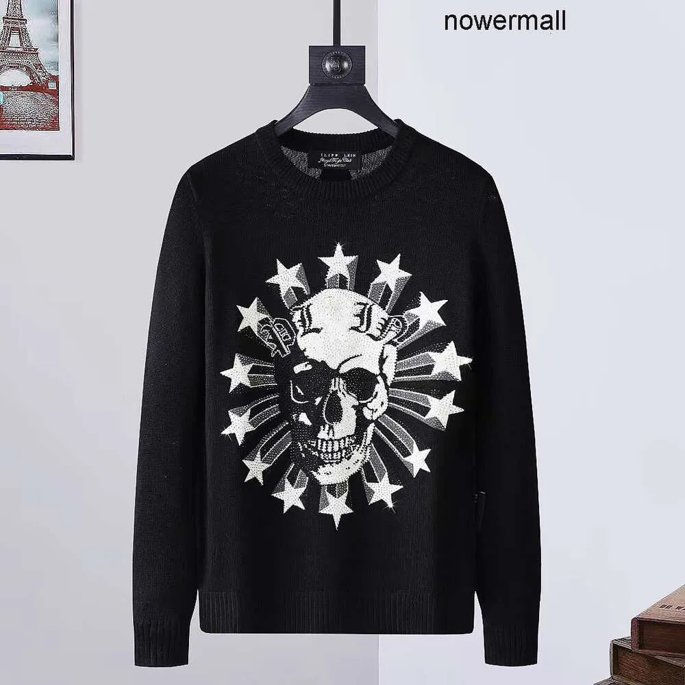 Långärmad plan Neck Herrens plein Metal Letters broderade läder Philipps Europeiska modetrend Rund PP Pullover PPM106 Ströja Zhtz