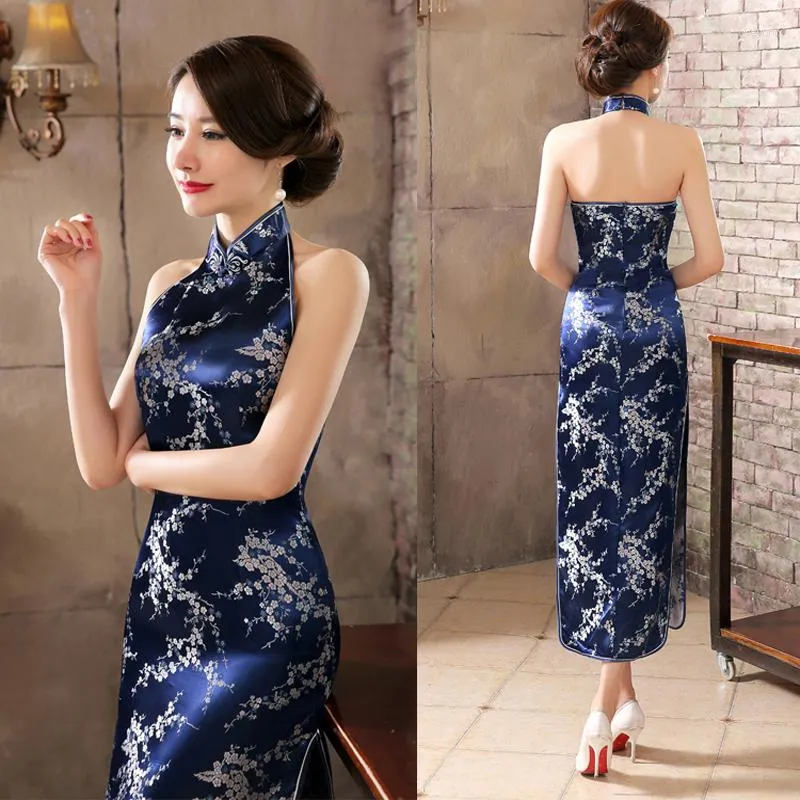 Roupas étnicas Azul Marinho Vintage Senhora Cetim Vestido Chinês Novidade Backless Cheongsam Qipao Flor Tamanho S M L XL XXL XXXL