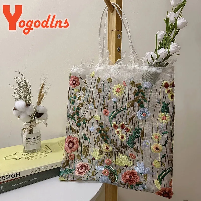 Сумки для покупок Yogodlns с вышивкой из кружева с цветком на плечо женская сетчатая сумка ручной работы в стиле ретро-арт пляжная ручная сумка Bolsa Playa 231010