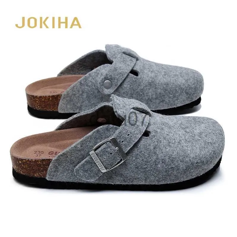 Slippers New Women's Slides Slippers High Quality Woolen Felt Soft Cork Buckle Sandals Closed Toe Footwear For Women x1011