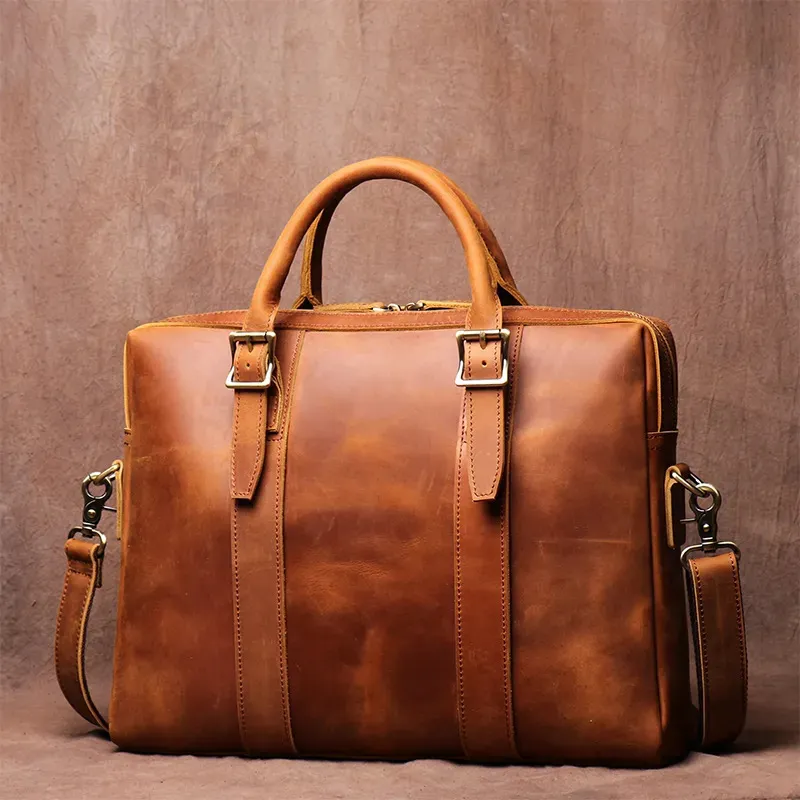 Bortkyror Vintage Cowhide Leather Lightweight Handbag Men's Business Office Portfölj 15 "Notbok Laptop Bag Man Fashion Messenger Bag 231011