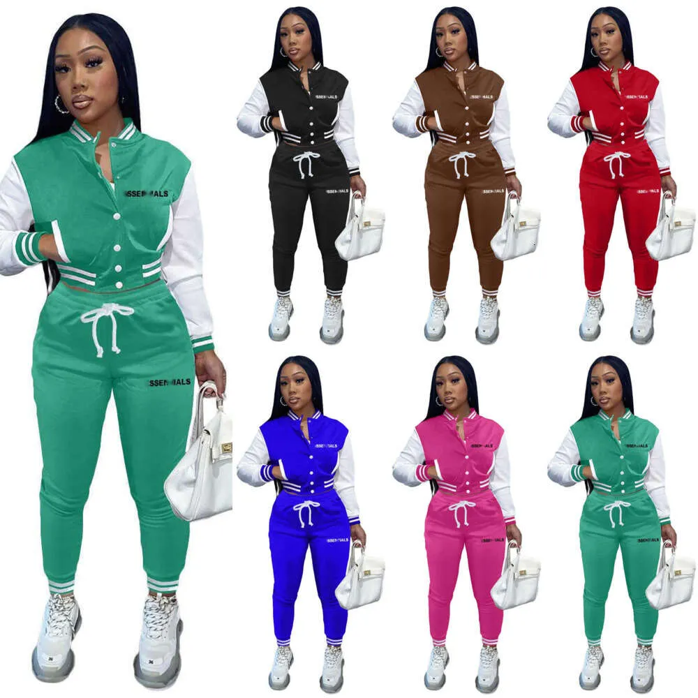 Tute sportive da donna al dettaglio 2023 Pantaloni a maniche lunghe autunno e inverno Set Set di giunzioni stampate con lettere Set da due pezzi Tute da jogging da baseball