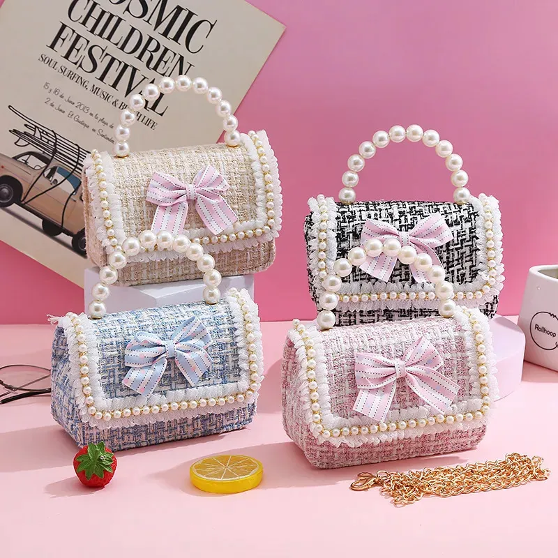 Handbags Cute Girl Boutique Purse Tweed Handbag Flower Beading Princess Kid Money Bag Crossbody Bag 231010