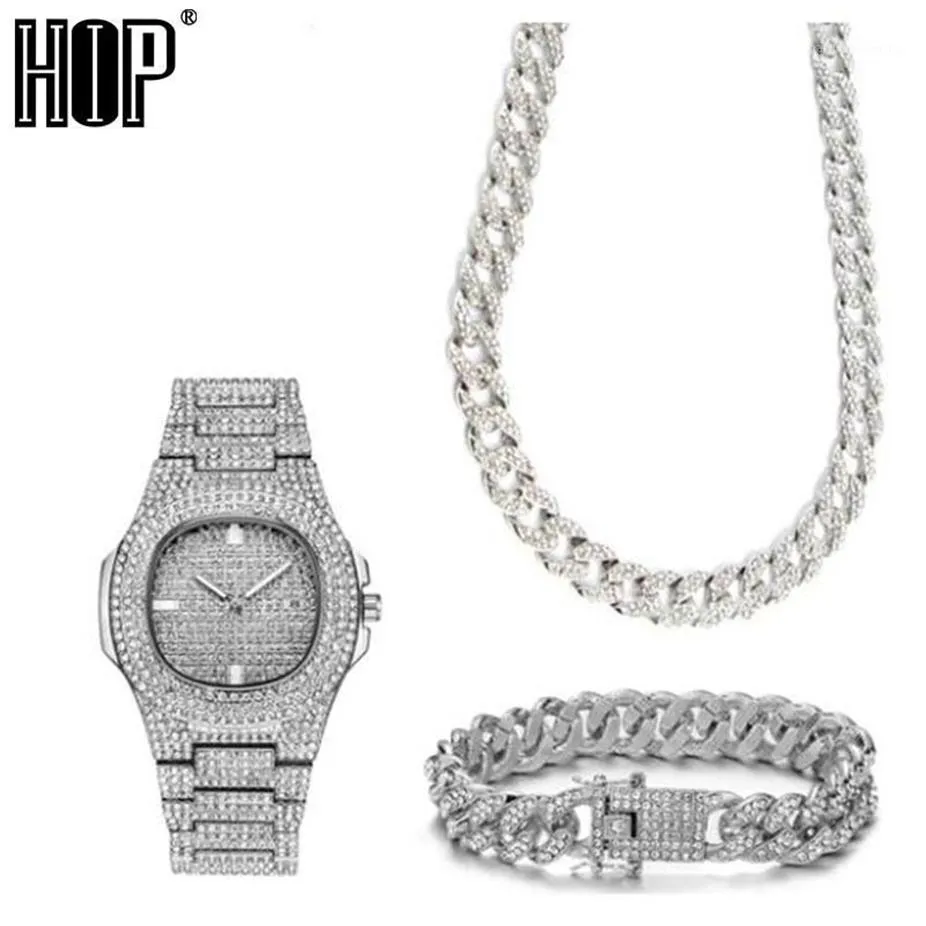 Kedjor full halsband titta på armband hip hop miami curb kubansk kedja guld is ut asfalterade rhinestones cz bling för män smycken1287d