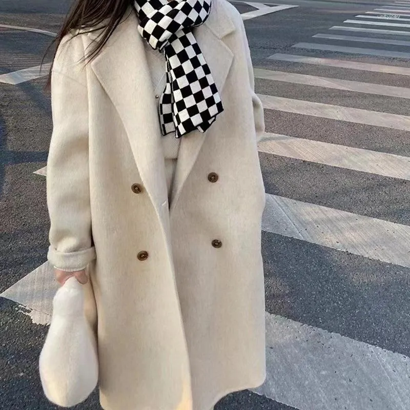 Robes décontractées Silhouette ample longue laine double face manteau de cachemire pour femme mi-longueur 2023 hors saison beige de haute qualité