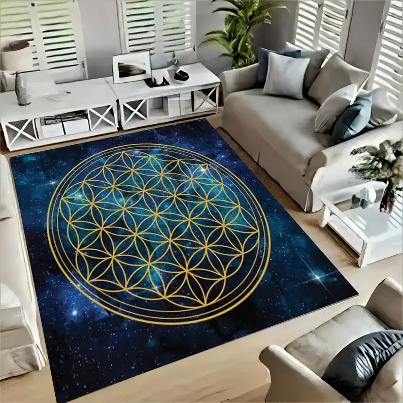 Carpet Flower of Life Rug Blue Overlapping Circles Grid Gold Area Rug Yoga Modern Rug Floor Salon Rug Flower Rugs Carpet 231010