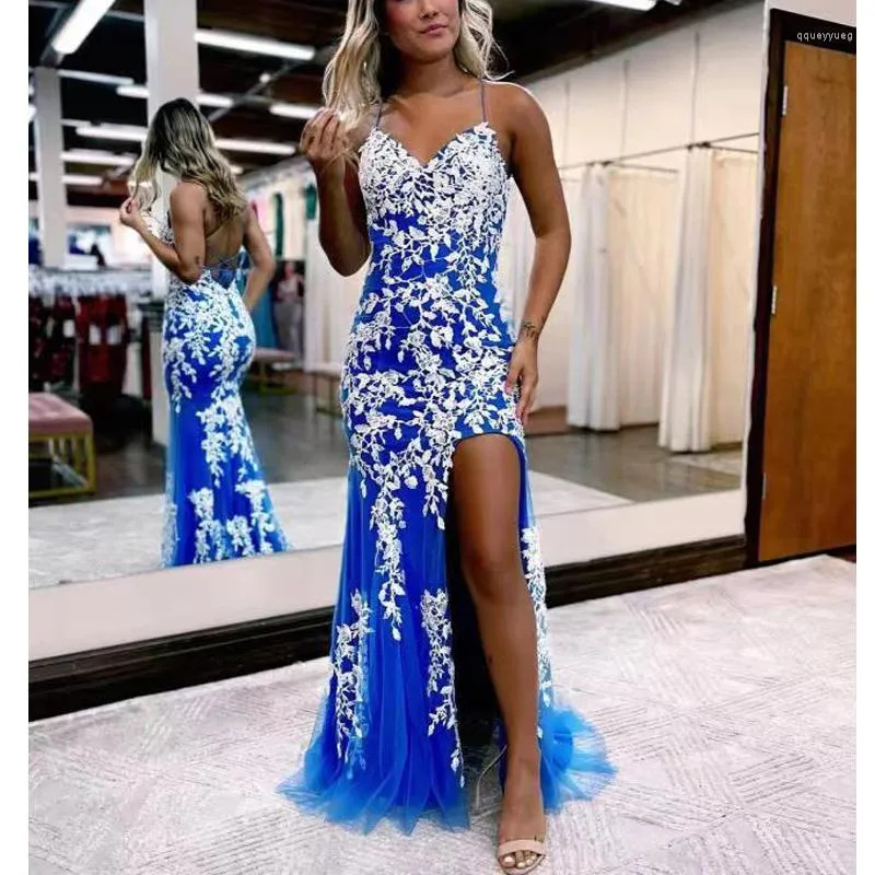 Party Dresses Royal Blue White Lace Mermaid Long Evening V-neck High Side Slit Backless Prom Gowns