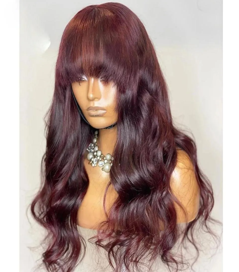 Fringe Body Wave Burgundy Red 99j Human Hair Wig With Bangs For Women