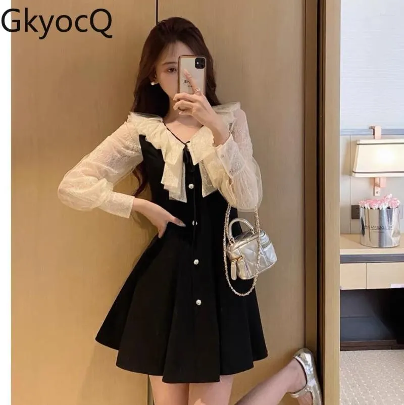 Casual Dresses GkyocQ Korean Fashion Fall And Winter Women Dress Lace Spliced V-neck Long Sleeve Waist Slim Patchwork Black Short