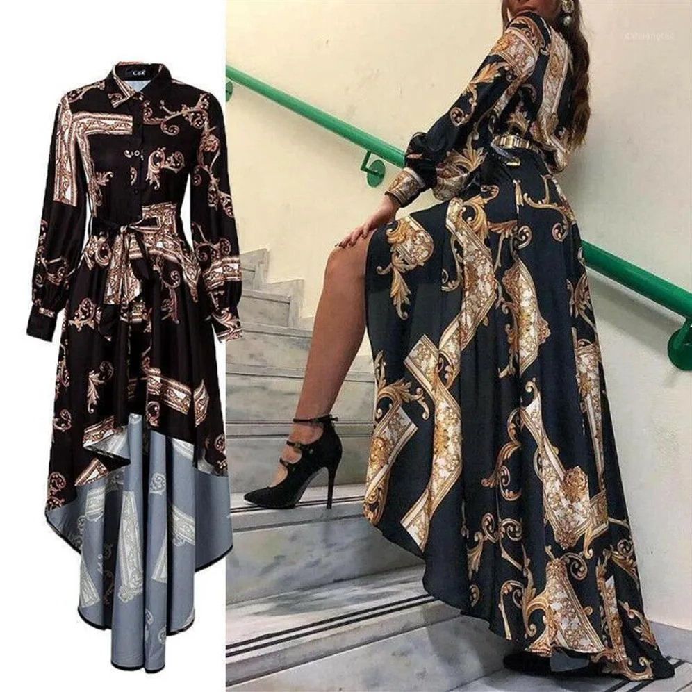 Casual Dresses 2021 Autumn Womens Maxi Baroque Print Lantern Sleeve Long Button Bandage Elegant Dress Slit Evening Party Sun Dress256W