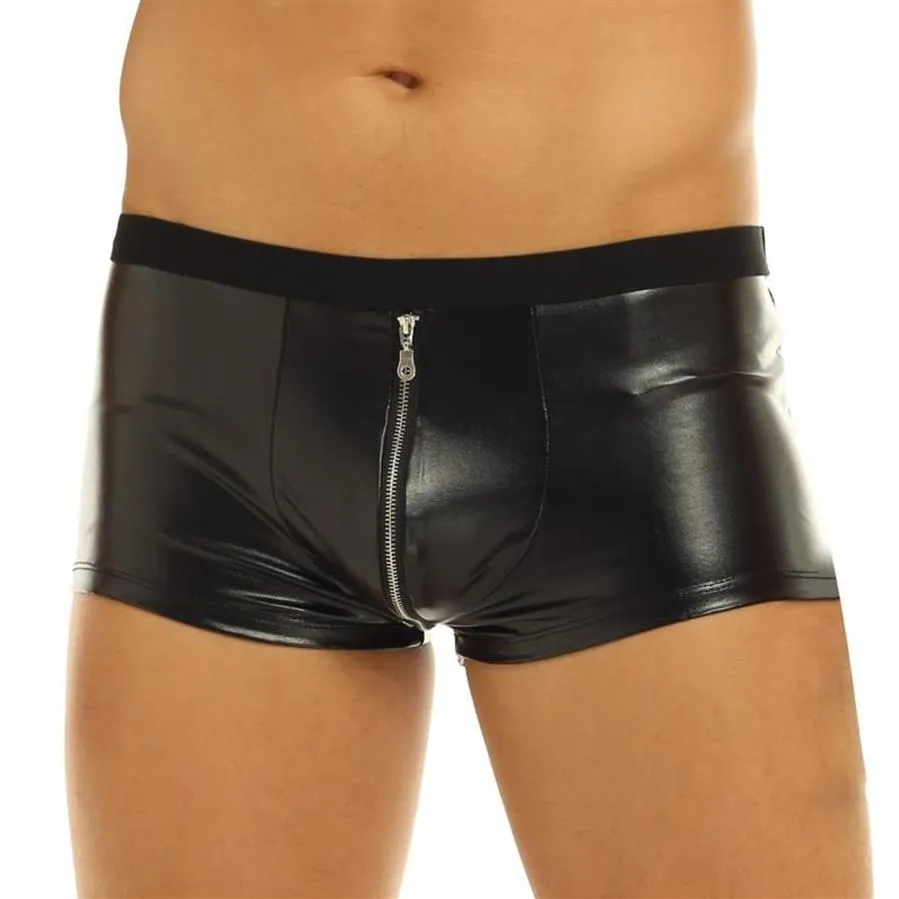 Underbyxor herr sexiga underkläder trosor faux läder dragkedja boxare shortsgay bulge påse jockstraps klubbkläder shorts byxor underkläder320g