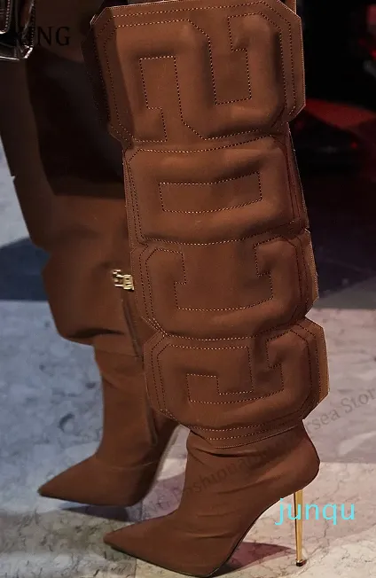 Thigh High Boots Stretch Lycra Ladies Cube Letter Runway Shoes Iron Heels Botas Altas Mujer