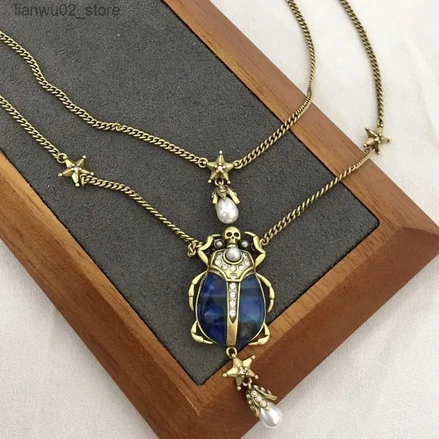 Other Fashion Accessories Fashion Designer Brand Blue Beetle Star Pendant Double Layer Necklace Women Luxury Jewelry Halloween Boho Goth Trend Q231011