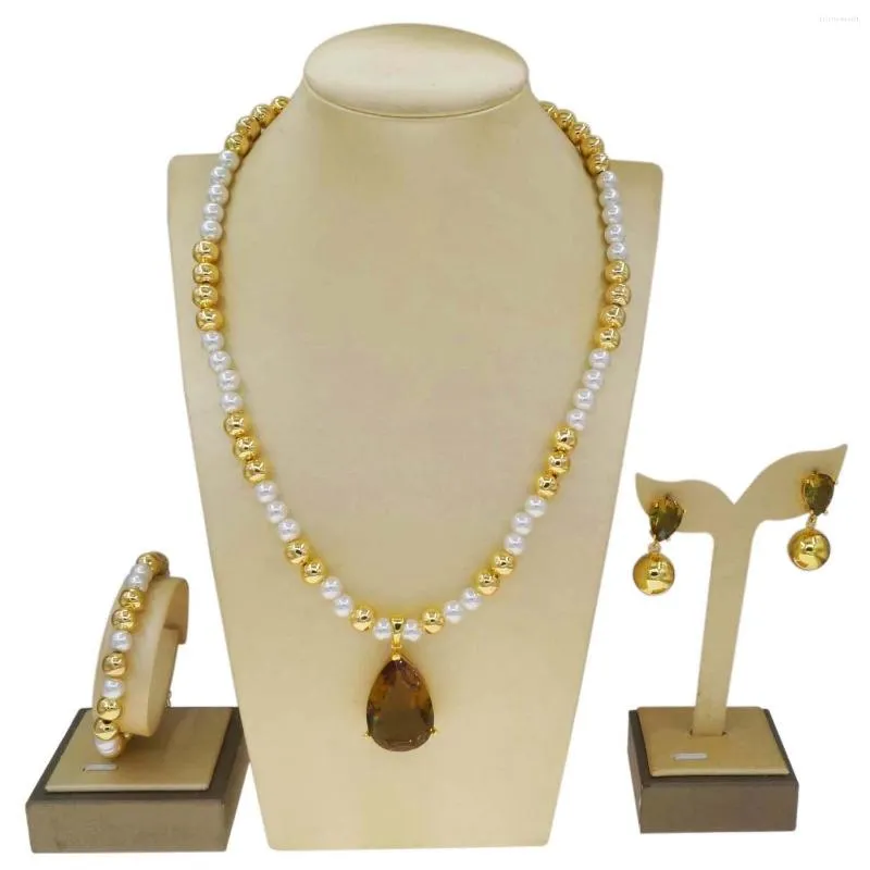 Halsbandörhängen Set Yulaili Pearl Gem Gold Plated Pärlor för kvinnor Vatten Drop Pendant Stud HD231019