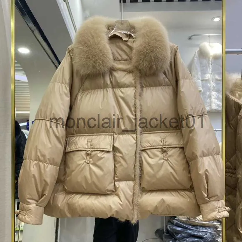 Women's Down Parkas Lagabogy 2023 Nya vinterkvinnor Real Fox Fur 90% White Duck Down Jacket Short Puffer Coat Female Vintage Mink Pur Patchwork Parka J231011