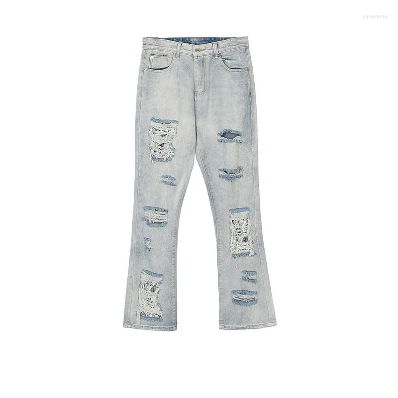 Jeans da uomo High Street anacardi pantaloni strappati con giunture floreali uomo slim lavato patchwork skinny streetwear