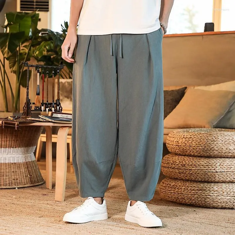 Męskie spodnie luźne duże stałe kolorowe spodnie haremowe bawełniane lniane swobodne letnie spodnie