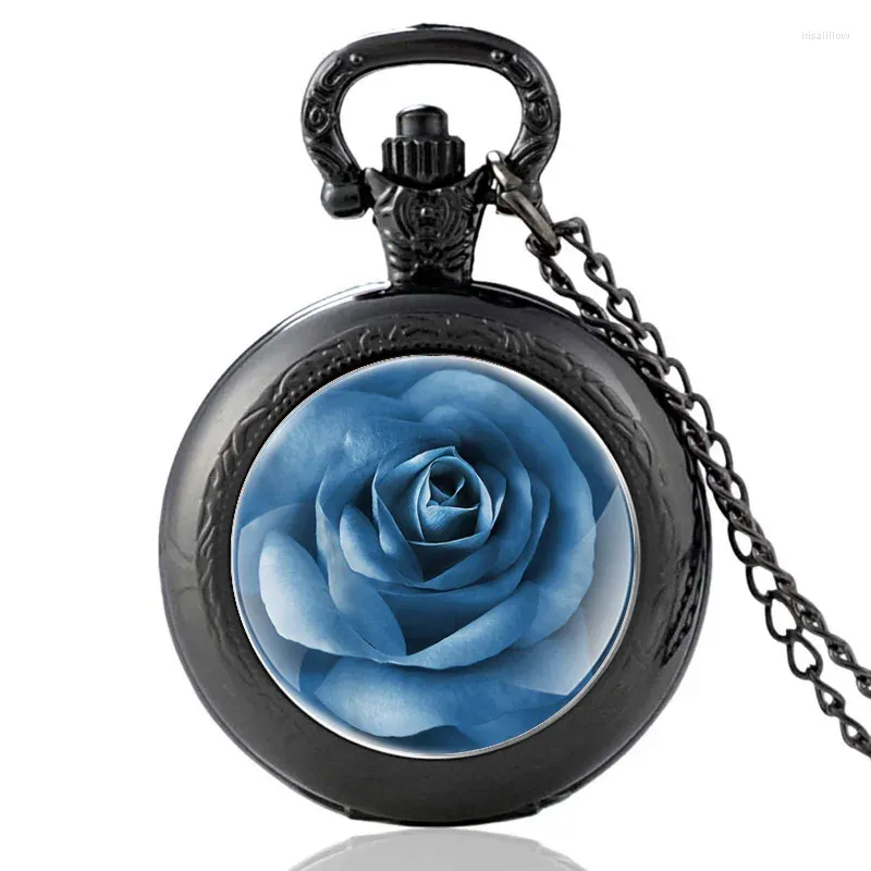 Zakhorloges Unieke Blauwe Roos Bloemen Patroon Klassieke Vintage Quartz Horloge Mannen Vrouwen Glazen Koepel Hanger Ketting Uur Klok Geschenken