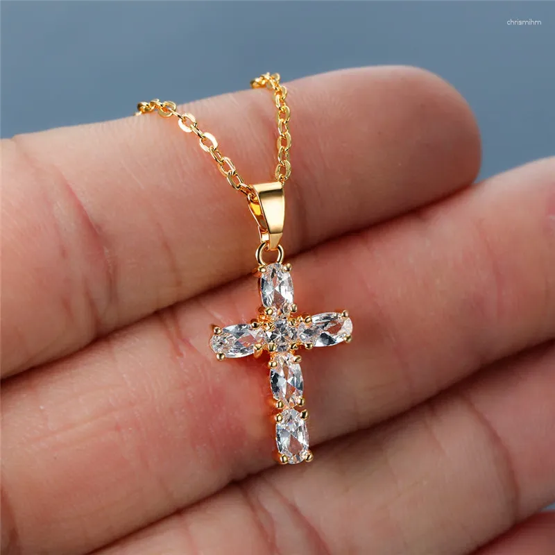 Pingente colares luxo feminino branco cristal colar rosa ouro prata cor corrente para mulheres punk cruz longo casamento