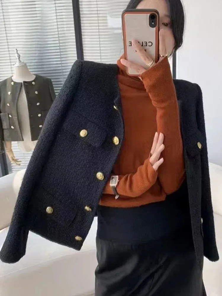 Women's Jackets HMA High Quality Women Fashion Jackets Black Tweed Elegant Coats Ladies Spring Autumn Woolen Women Clothes 231010