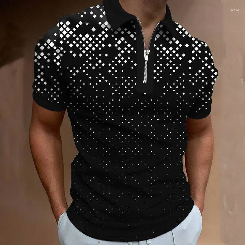 Polos pour hommes revers Simple Polo décontracté 2023 Plaid dégradé 3D motif imprimé fermeture éclair haut à manches courtes vêtements