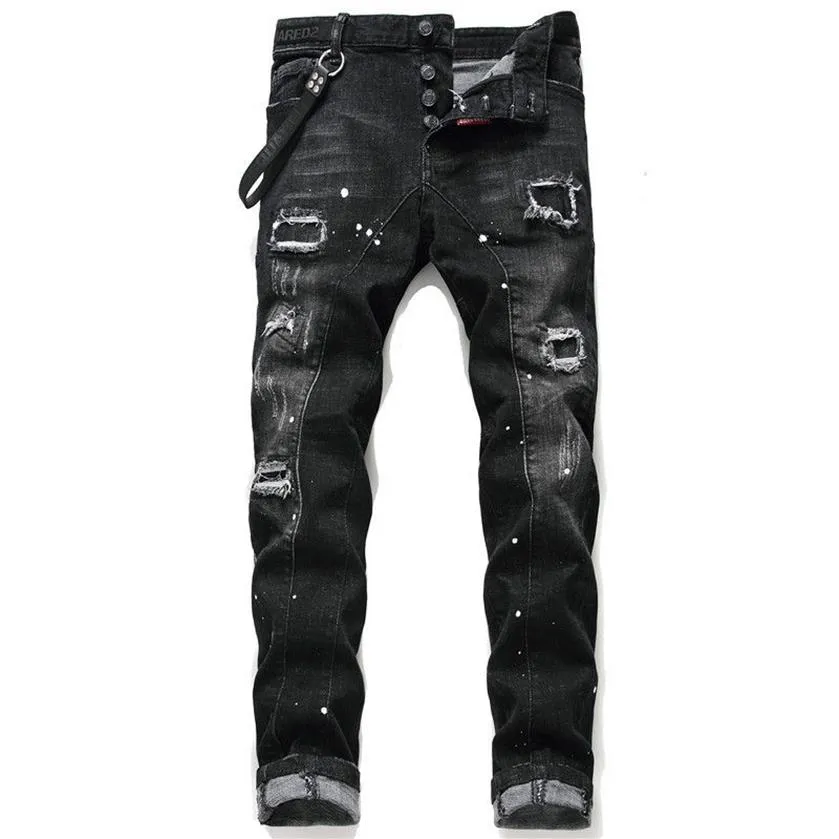 Новые мужские эластичные черные джинсы с рваными значками Модельер Slim Fit Мотоциклетные джинсовые брюки со вставками в стиле хип-хоп Брюки214z