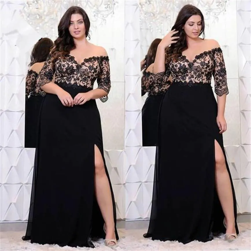 Black Off Shoulder Lace Plus Size Evening Dress Prom Dresses Long 2022 With Sleeves Side Split Formal Dress Gowns Special Occasion348n