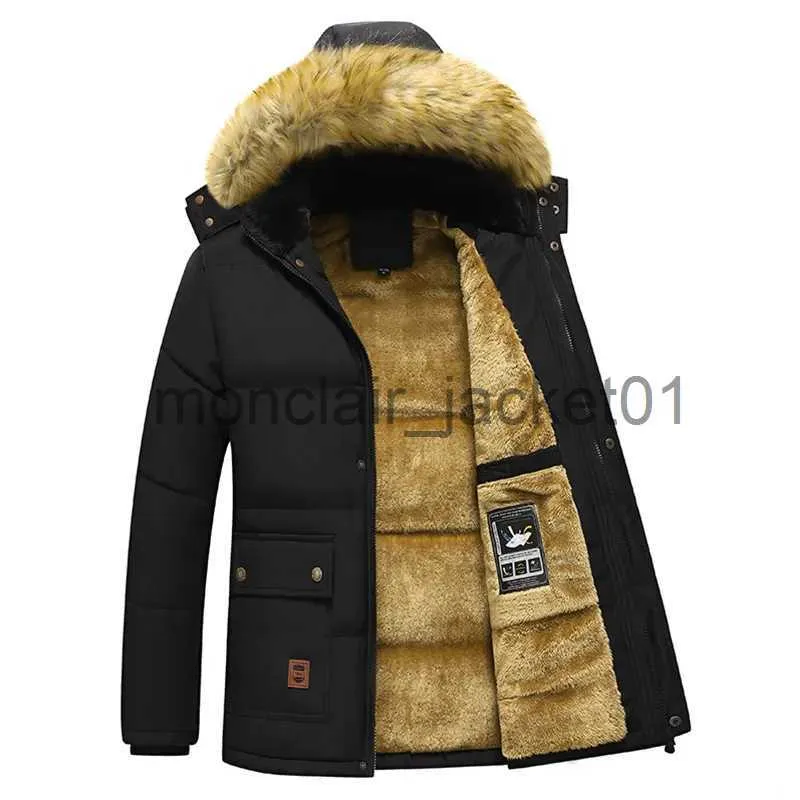 남자 ''다운 파카 2023 New Men Winter Parka Fleece Lined 두꺼운 따뜻한 후드 모피 칼라 코트 남성 크기 5xl 봉제 재킷 가을 작업 아웃웨어 블랙 J231011