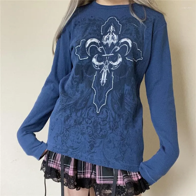 Women's T Shirts Xingqing Fairy Grunge Clothes Tops Y2K Women Vintage Cross Print Round Neck Long Sleeve Gothic Clothing Streetwear