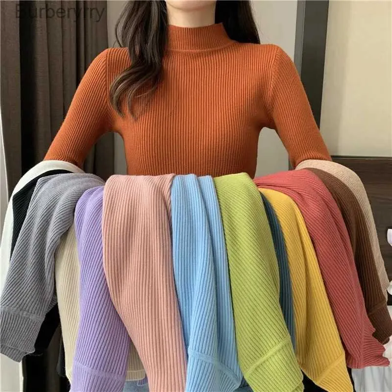 Suéteres femininos Jocoo Jolee 2023 Outono Básico Bottoming Sweater Top Mulheres com nervuras Soft Mock Neck Elástico Pulôver Quente Cor Sólida Slim JumperL231011