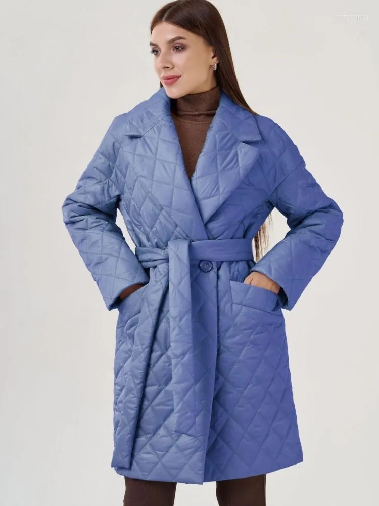 Trench da donna Cappotto imbottito in cotone per l'autunno inverno Cappotto lungo con risvolto scozzese a quadri con diamanti Cappotto lungo caldo con lacci allentato Tinta unita