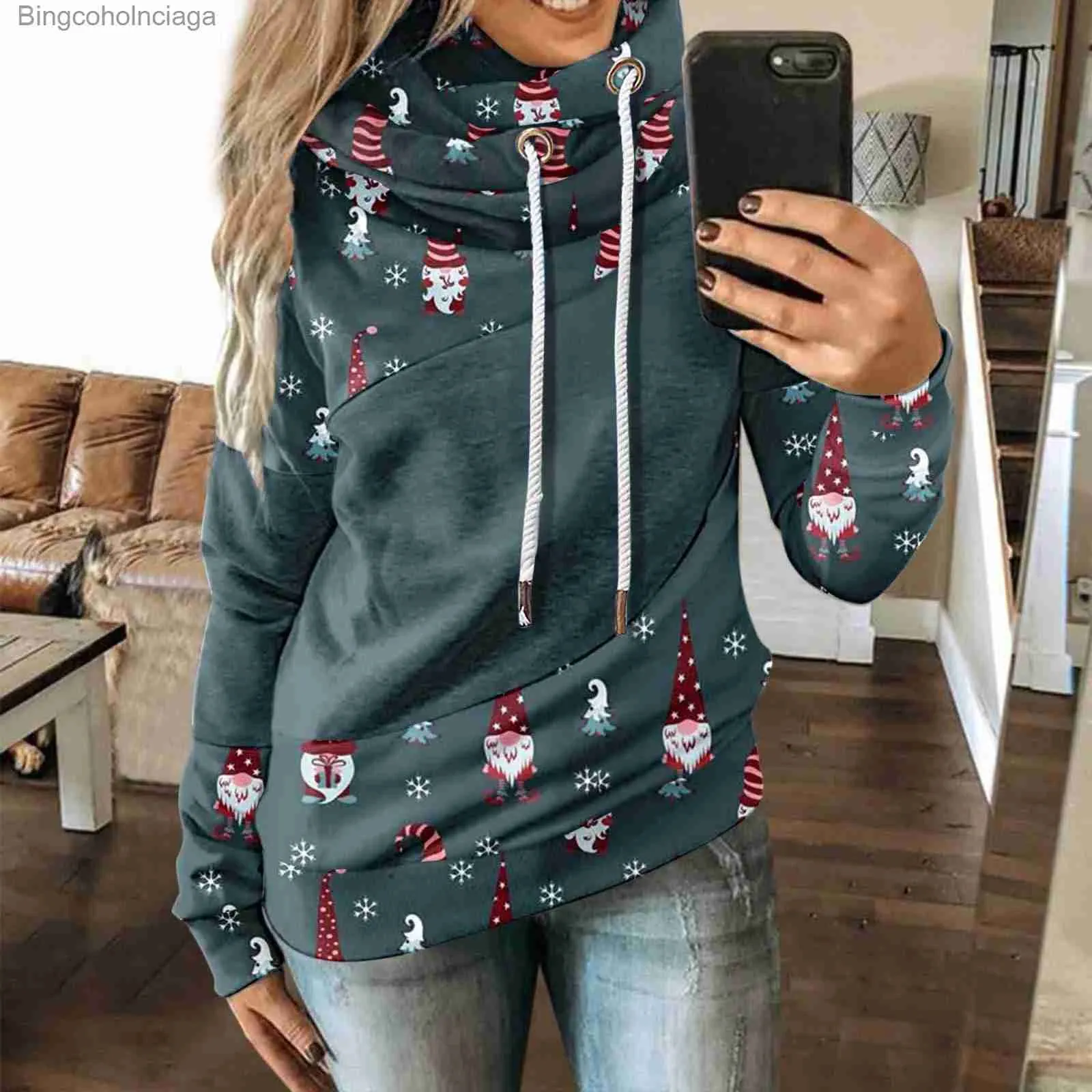 Kadın Hoodies Sweatshirts Vintage Noel Baskılı Outwear Üst Sweatshirt Uzun Kollu Tunik Üstler Şık Ekleme Külkü Kadınlar Sıcak Üstler Ropa De Jerl231011