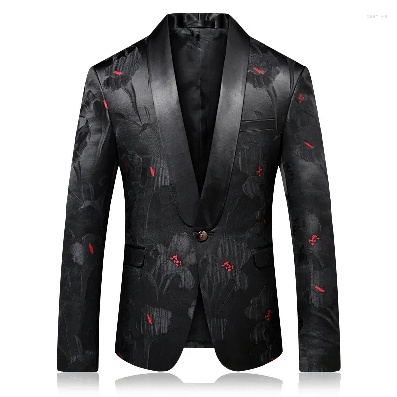 Męskie garnitury wiosna jesień w stylu koreański mężczyzna moda moda żywy kwiatowy czarny jeden guziki płaszcz blazer man 4xl gospodarz Slim Jacquard Flower Blazers Coats