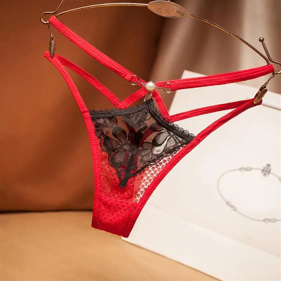 Kvinnors trosor sexiga criss-cross lapptäcke kvinnliga spetsar g-sträng transparent ihålig pärla underkläder thong women clubwear l277o