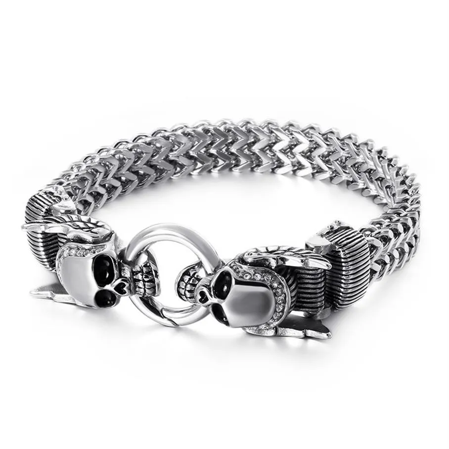 XMAS Gifts Kristalle 316L Edelstahl Guss Figaro Link Kettenarmband Double Skull End Armreif Herren Jungen Schmuck silv268o