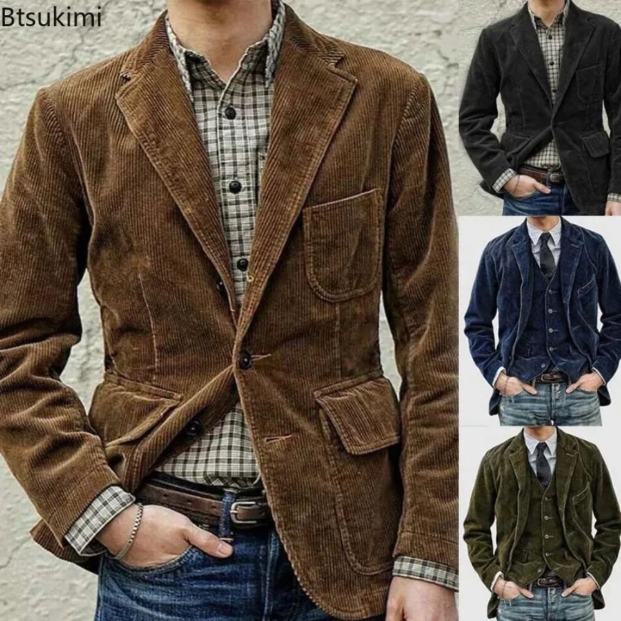 Mens Jackets Autumn Winter Coat Corduroy Casual Suits With Shoulder Pads Fashion Lapel LongSleeved Solid Jacket Models 231010