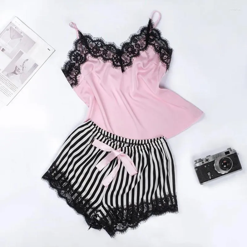 Home Clothing Striped Women Pajamas Suit Two Piece Set Summer Sleepwear Lace Strap Top&Shorts Sexy Loungewear Nightgown Loose Pyjamas