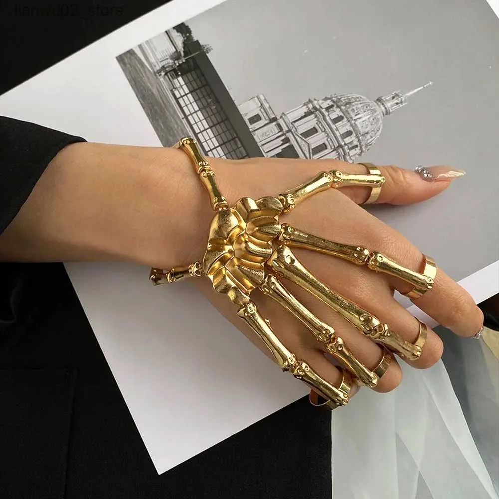 Other Fashion Accessories Gothic Skull Fingers Wristband Unisex Metal Skeleton Hand Bone Bracelet With Adjustable Ring For Women Halloween Party Jewelry Q231011