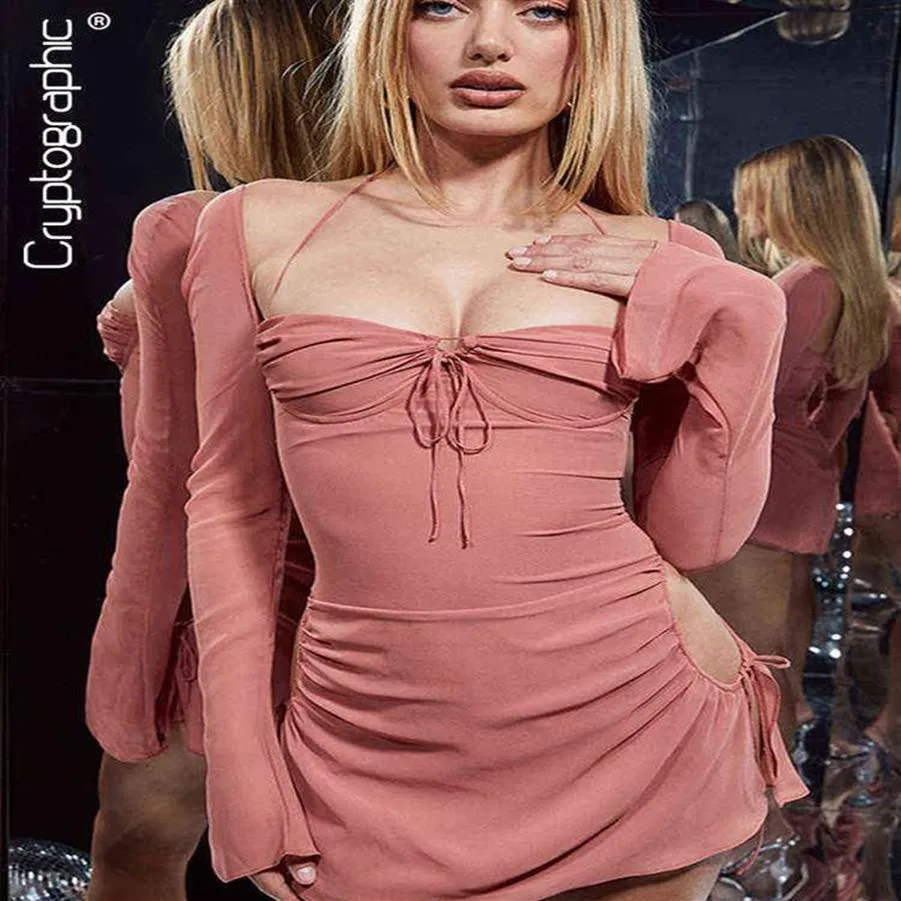 Cryptographic Elegant Baby Pink Cutout Halter Mini Dress for Women 2022 Club Party Sexy Drawstring Mesh Ruched Dresses Clothes Y223110