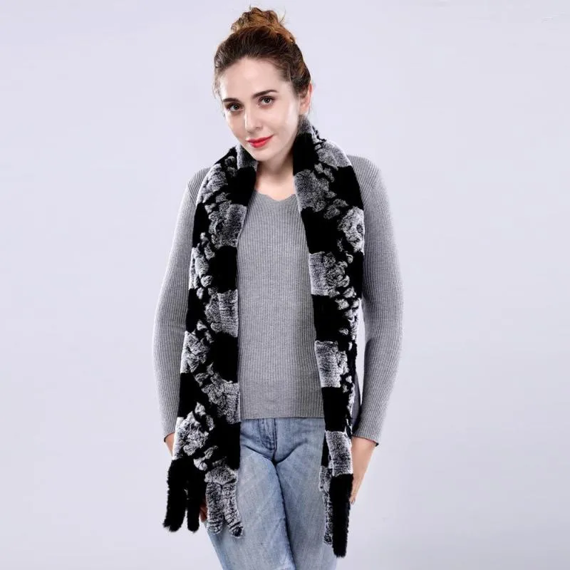 Foulards d'hiver Femmes Rex Fourrure Lady Chaud Tricot Long Silencieux Châle Avec Gland Mode Casual Plaid Stripe Foulard