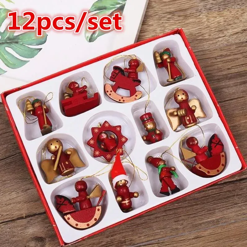 Decorazioni natalizie 12 pz / set Ornamenti in miniatura in legno Albero Pendenti appesi Anno Regalo Giocattolo per bambini Decorazioni per feste a casa All'ingrosso i1020