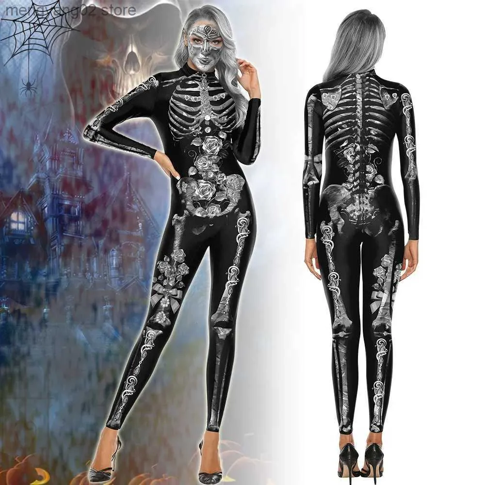 Theme Costume Adult Skeleton Print Halloween Cosplay Come Women Ghost Jumpsuit Carnival Party Performance Scary Bodysuit T231011