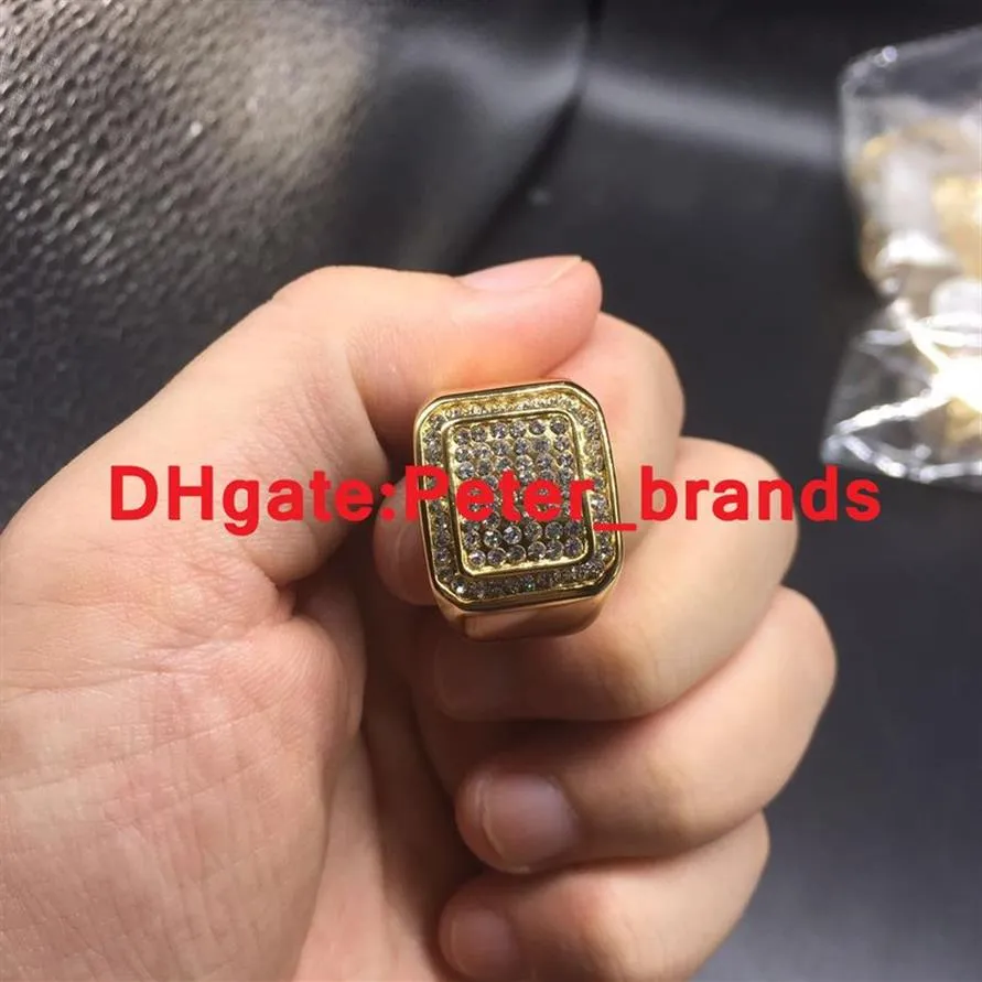 Hoge kwaliteit vierkante diamanten ringen hiphop qunk overdrijven 18K gouden luxe ring roestvrij staal sieraden274b