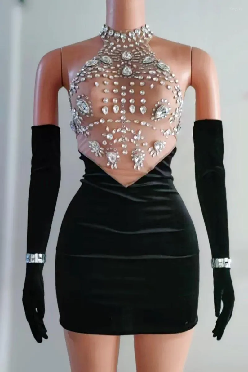 Scenkläder sexiga strass transparent klänning svart sammet kristall handskar kväll dansare outfit födelsedag firar kostym