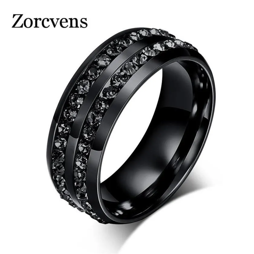 Cluster Ringe Modyle Hohe Qualität Männlich Punk Vintage Schwarz Edelstahl Schmuck Zwei Reihen CZ Stein Ehering Für Mann Frau2424