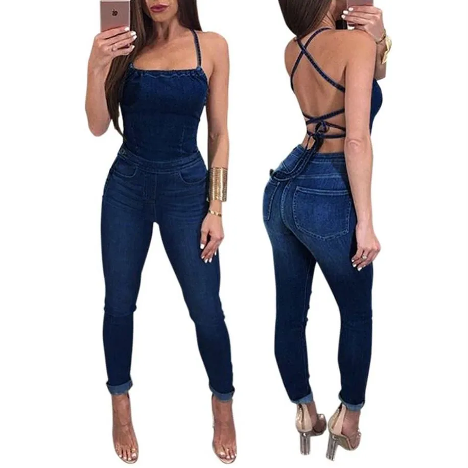 Sexy Backless Off Shoulder Jeans Jumpsuit Summer 2018 Bandage Bodaycon Denim Jumpsuit Romper Cotton Playsuit Girls Pants Jeans274W