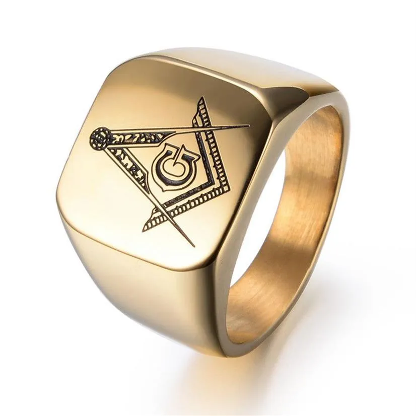 Retro Style Stainless Steel Ring Hip-hop Gold Men's Fashion mason Masonic Signet Rings With Black Mason Symbol Deep Clear268D