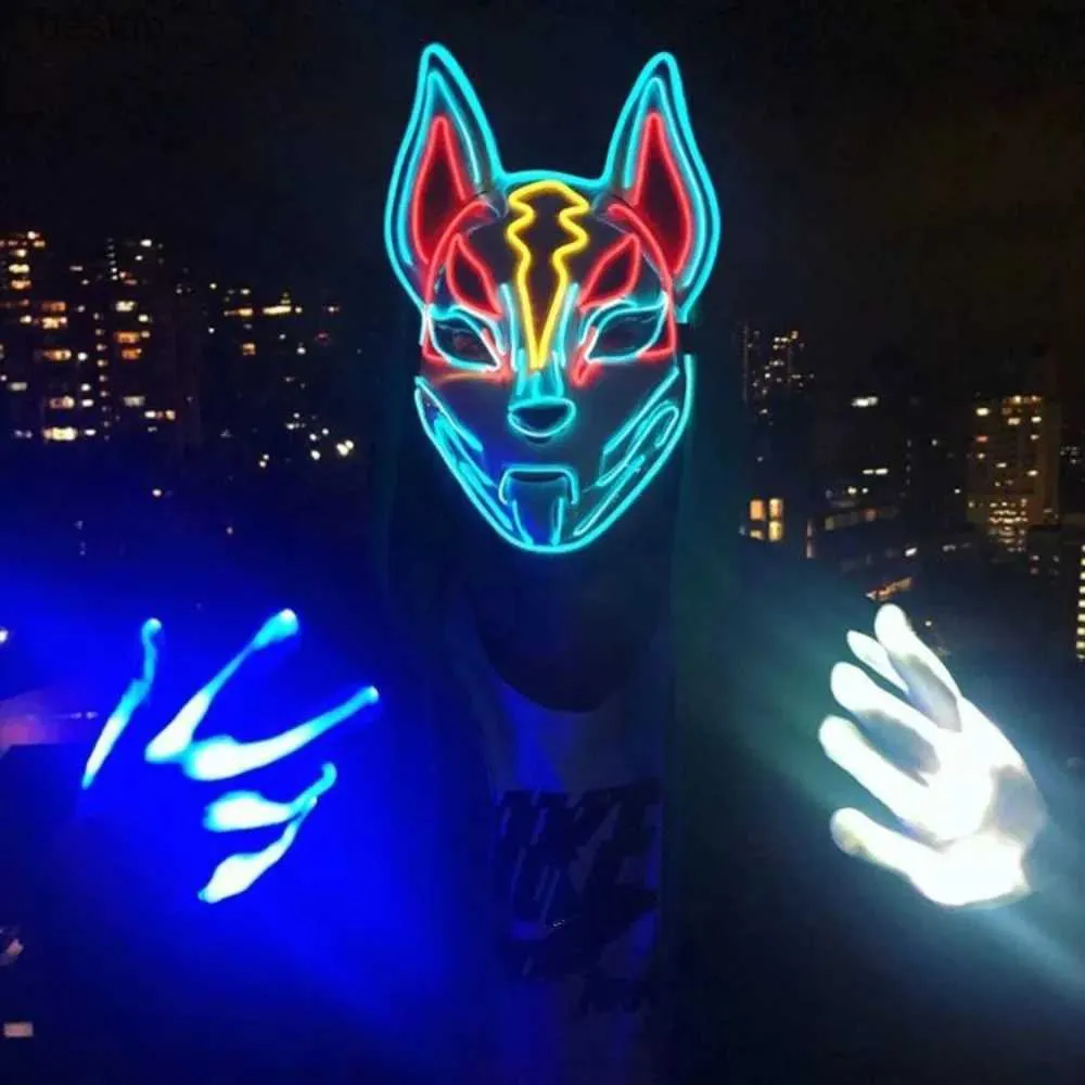 Costume Accessories Halloween Neon Mask Anime Cosplay Japanese Fox Mask LED Neon Light Mask Masquerade Luminous LED Mask Halloween Party PropsL231011