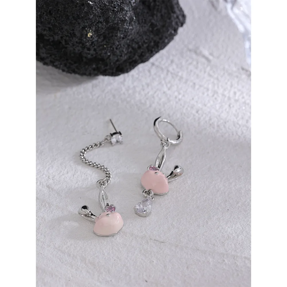 JINYOU KE013EN Copper Cute Pink Rabbit Drop Dangle Asymmetry Earrings Lovely Girls Jewelry Charms Gift Silver Color Plated New